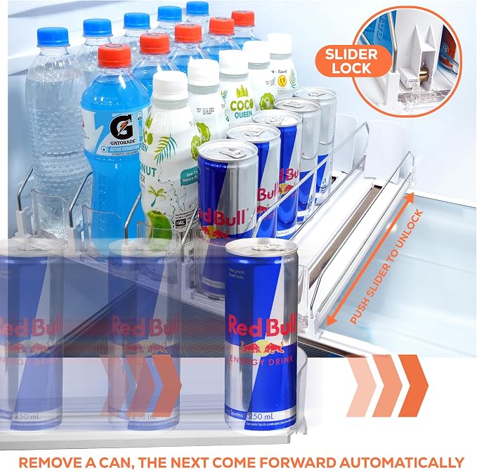 New Design Self Pushing Drink Organizer for Fridge - 5 Rows, Holds 25 Cans | Soda Can Organizer for Refrigerator With Larger Pusher and Stopper Height to Avoid Overtopping of Beverages - Image 4