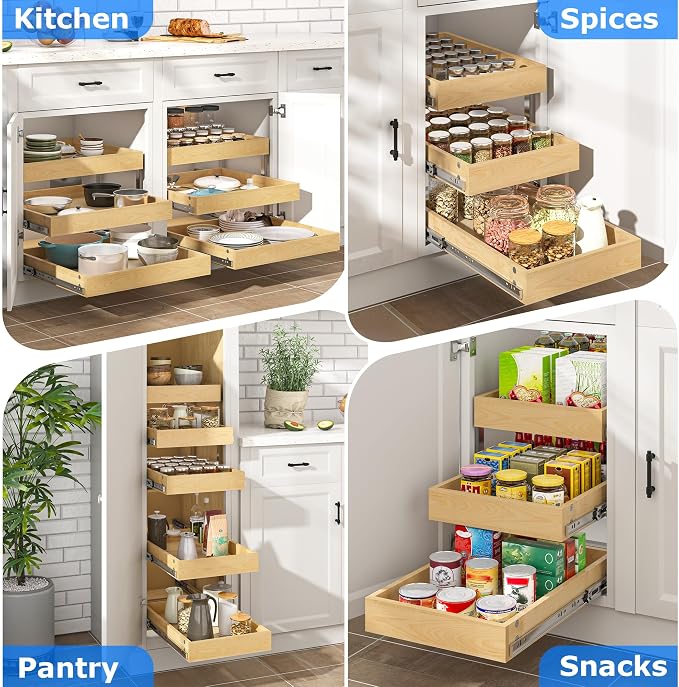 WelFurGeer 3-Tier Pull Out Cabinet Organizer with Soft Close, Heavy-Duty Pull Out Drawers for Cabinets, Slide Out Shelf for Kitchen, Pantry, Bathroom & Under Sink, Solid Birch Wood - Image 7