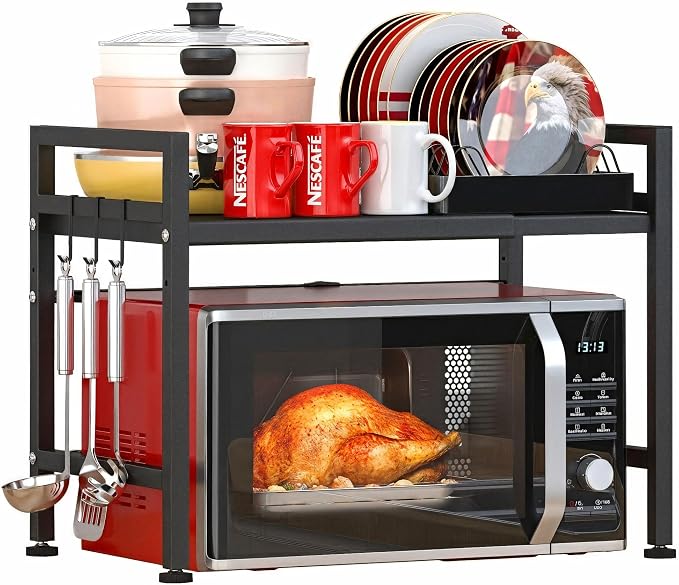 PUSDON Textured Black Microwave Oven Rack, Expandable 2-Tier Kitchen Countertop Organizer, Heavy Duty Carbon Steel Stand with 3 Hooks, Adjustable Height & Length by PUSDON