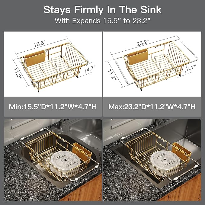 Gold Dish Drying Rack Over Sink with Utensil Holder, Drainboard | Expandable Stainless Steel Dish Drainer for Small Kitchen, Apartment, RV, Counter Space Saving, Perfect Fit, Rustproof - Image 3