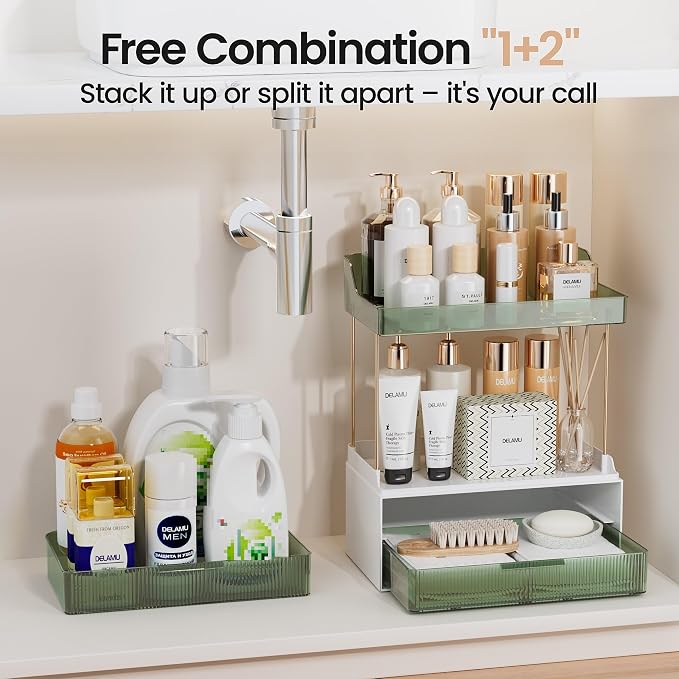 Delamu 4-Tier Makeup Organizer, Bathroom Counter Storage, 2 Drawers,Green | Elegant Vanity Organizer Gift for Women, Holds Perfume, Skincare, Nail Polish & Hair Accessories for Bathroom Countertop - Image 5