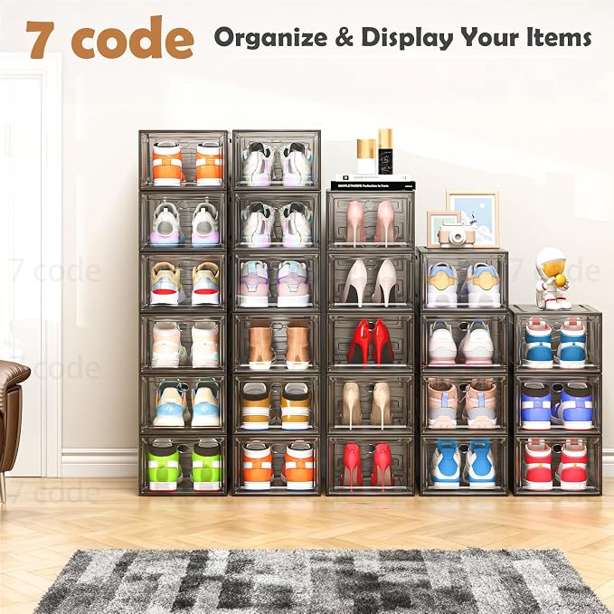 Sturdy Clear Shoe Organizer with Magnetic Door, Stackable Shoe Storage Box | Thick Plastic Shoe Storage for Sneakers & Boots, Collapsible Closet Shoe Rack and Clear Shoe Box, 6 Pack Black - Image 9