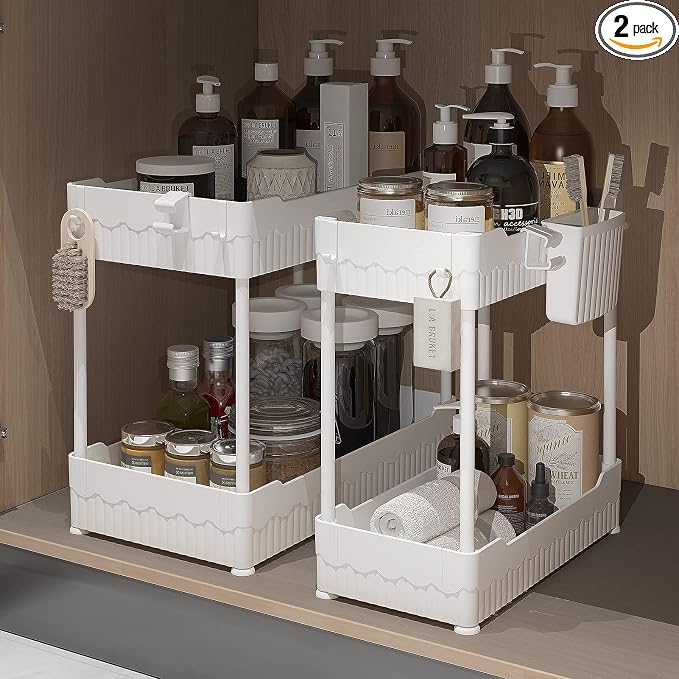 2-Pack Under Sink Organizer with Hooks & Hanging Cup for Kitchen | Multi-use kitchen & bathroom storage, 12.8 inch white cabinet organizer, with hooks and hanging cup for easy access. by Sevenblue