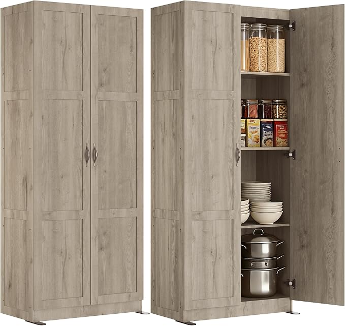 DUMOS Tall Storage Cabinet with Doors and Shelves, Kitchen Pantry Cabinet | 71'' Wood Storage Freestanding Cabinets for Bedroom, Pantry, Home Office, Dining Room & Living Room, Light Grey by DumosLifestyle