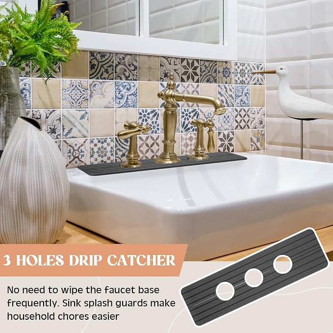 Teenyyou 3 Hole Gray Faucet Mat Kitchen Sink 15.94" x 4.92" | Bathroom Faucet Absorbent Mat,Diatomite Splash Guard,Quick Drying Drip Catcher,Hole 2.36",Holes Spaced About 1.65" - Image 6