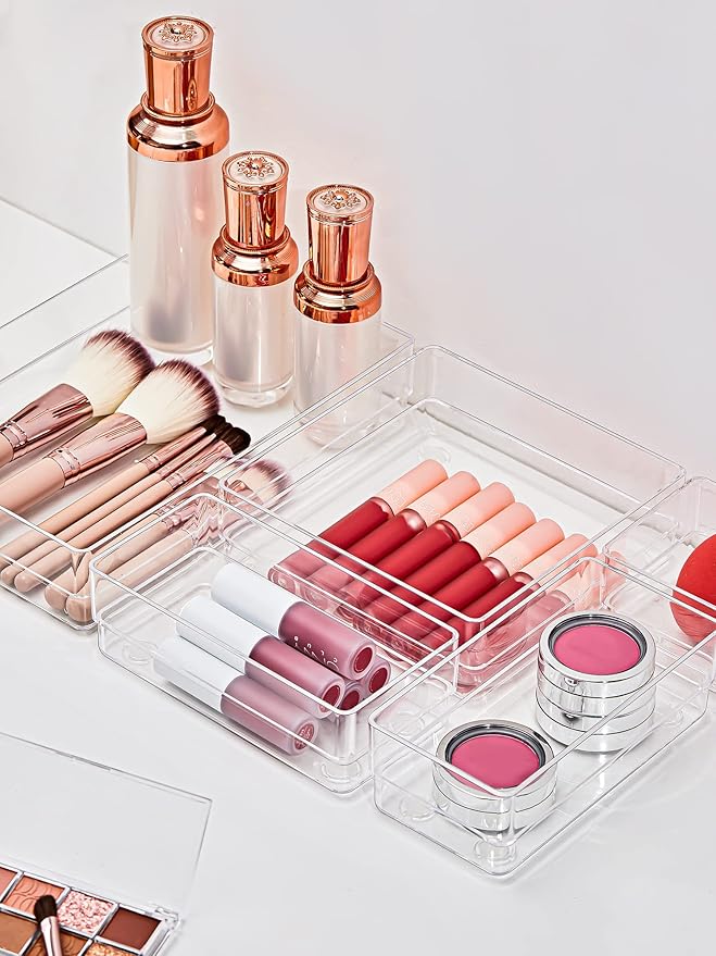 SMARTAKE 16 PCS Drawer Organizer, 5-Size Desk Bathroom Drawer Organizer | 5-Size Storage Tray with Non-Slip Silicone Pads for Makeup, Jewelries, Utensils in Bedroom Dresser, Office and Kitchen, Clear - Image 3