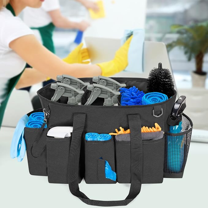 LoDrid Professional Cleaning Tote Caddy for Cleaning Supply, Black | Cleaning Bag Organizer with Dividers and Handle Strap for Housekeepers Work, Bag Only - Image 3