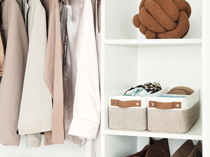 StorageWorks Narrow Storage Bins, Small Baskets, Brown and White, 2-Pack | With Metal Frame, Sturdy Structure, PU Handles, Toilet Paper Storage, Long Storage Bins for Bathroom, Closet, Shelf - Image 7