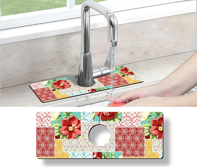 Kitchen Sink Splash Guard Faucet Mat Super Absorbent Fast Drying Mat Sink Gadgets Splash Guard Behind Faucet Drip Catcher for Kitchen (Boho Trellis, 15x5.5in) - Image 6