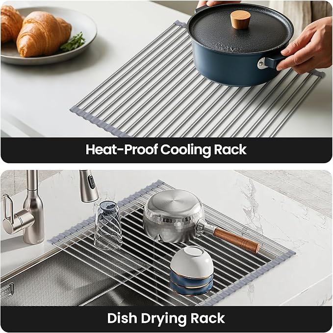 Dish Drying Rack Over The Sink with Roll Up for Kitchen,16.9''x15.7'',Gray - Image 3
