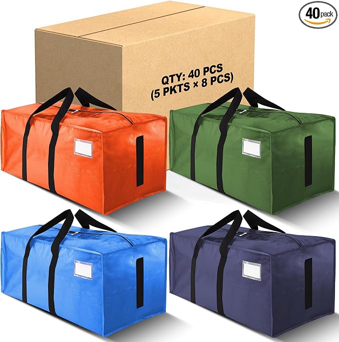 HOMESURE Supports 200lbs Heavy Duty Moving Bags - Strong Zipper & Wrap-Around Handles - Water-Resistant Storage Totes, Durable Alternative to Moving Boxes- 40 Pack -Multi-Color System for Easy Sorting by HOMESURE