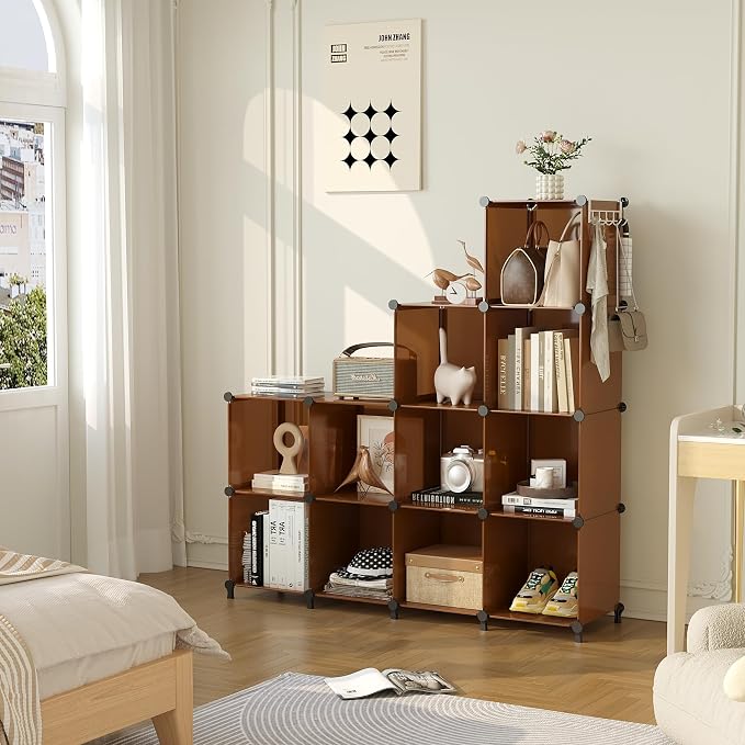 AWTATOS Closet Organizer, 12 Cube Storage Organizer Shelves, Cocoa Brown | Portable Closet Organizers Storage Shelves, DIY Stackable Bookshelf, Plastic Clothes Organizer Shelving for Home, Bedroom - Image 4