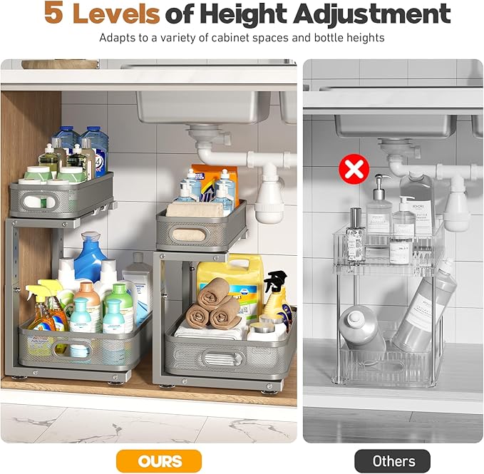 2 Pack 21.3IN-Depth Under Sink Organizer with Smooth Cylindrical Rail,2-Tier Pull Out Multi-Purpose Cabinet Storage for Bathroom&Kitchen,Height Adjustable,Rust-Resistant Coating-Gun Gray - Image 8