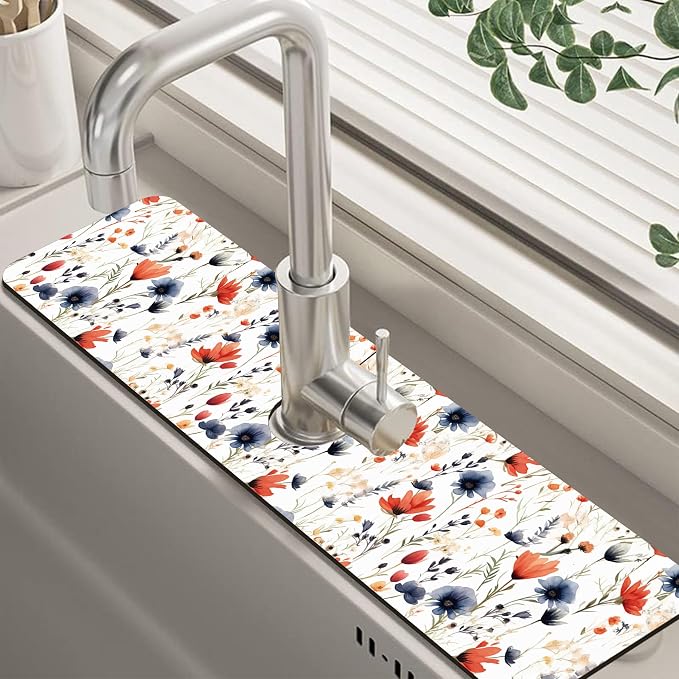 Watercolor Red and Blue Flowers Sink Faucet Absorbing Mat Sink Splash Guard Faucet Mat Draining Mat Fast Drying Sink Protectors for Kitchen and Bathroom 5.5"×24" by Unknown