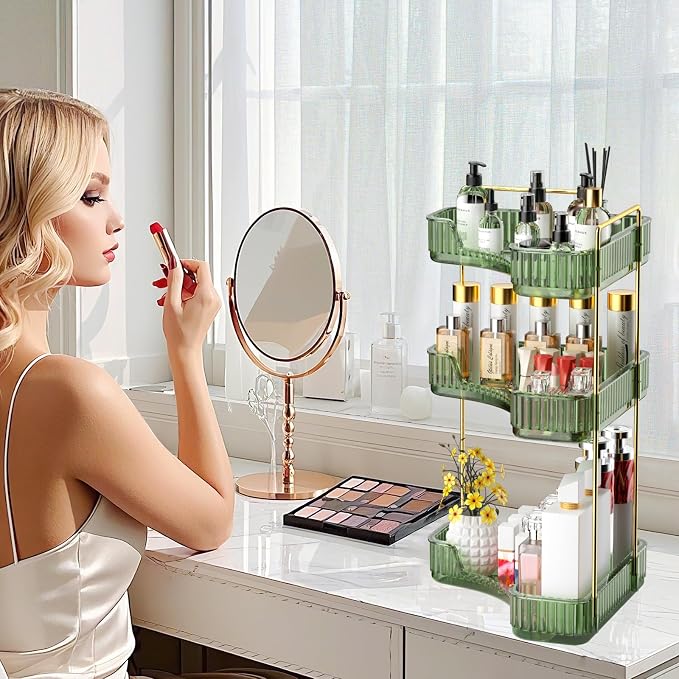 GTI 3-Tier Corner Bathroom Counter Organizer, Large Capacity Makeup Organizer Countertop, Perfume Cosmetics Skincare Vanity Organizers, Exquisite Countertop Storage for Women (Green) - Image 2