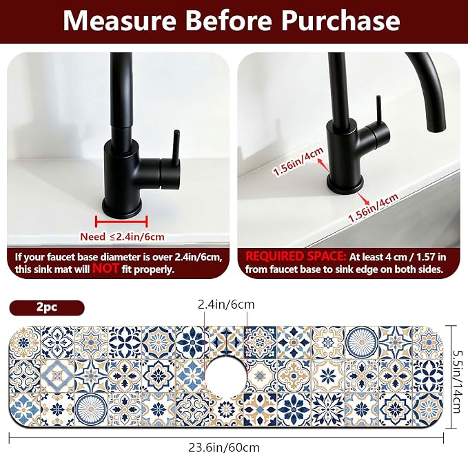 2 Pcs Kitchen Sink Splash Guard Faucet Mat Blue-toned Tile Faucet Mat for Sinks Absorbing Drying Mats for Kitchen Bathroom, 23.6x5.5inch - Image 2