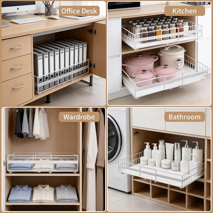 2 Pack Expandable Pull out Cabinet Organizer, Width (13"-21") 22" Deep Pull Out Drawers for Cabinets, Upgrade 3 Slide Rails Slide Out Drawers, No Drill Adjustable Roll Out Shelves (White) - Image 5