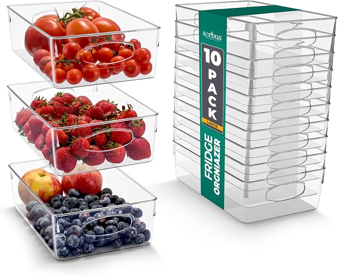 Sorbus 10-Pack Large Clear Plastic Organizing Bins – Clear Bins for Organizing, Refrigerator Organizers, Fridge Organizer, Pantry Storage, Kitchen Organizer, and Pantry Organizers and Storage Bins by Sorbus