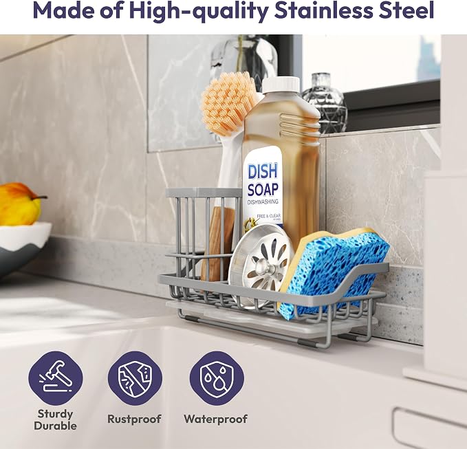 SWTYMIKI Sink Caddy Sponge Holder - Kitchen Sink Organizer with High Brush Holder for Countertop to Hold Dish Soaps and Sponges, Stainless Steel, Gray - Image 2
