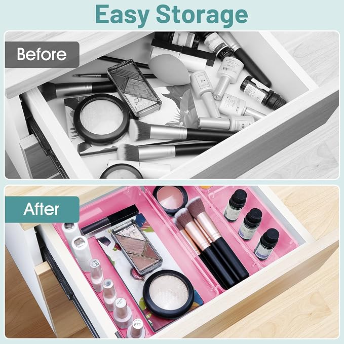 25 PCS Plastic Drawer Organizer Set, Makeup Organizers and Storage Bins | 4 Sizes Desk Drawer Divider Organizers and Storage Bins for Jewelry, Gadgets for Kitchen, Bedroom, Bathroom, Clear Pink - Image 4