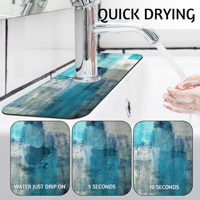 MCALK Turquoise Kitchen Sink Faucet Mat Splash Guard, Absorbent Quick-Dry Kitchen Sink Mat - Ideal for Splash Guard & Drip Catching with Abstract Art Decor( 1pc 15"x5.5") - Image 2