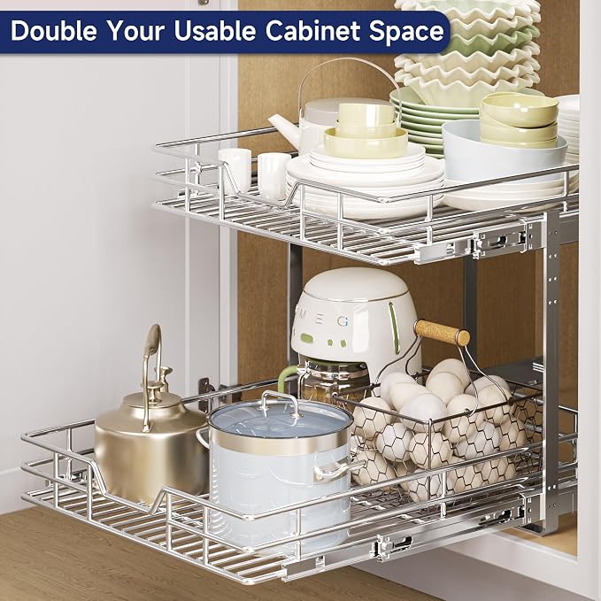 2-Tier Pull Out Cabinet Organizer, 19.5" W x 21.5" D, Heavy Duty Dual Slide Out Shelves for Base Cabinets, Chrome Wire Basket Drawer for Pantry, Kitchen & Bathroom Storage - Image 8