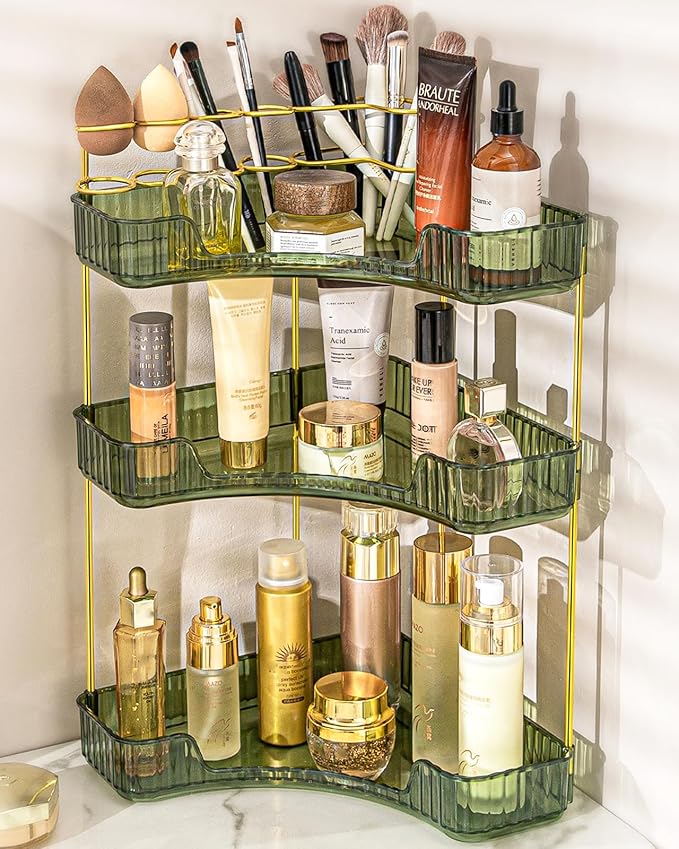 Makeup Organizer 3 Tier Bathroom Counter Organizer with Makeup Brush Holder | Corner Bathroom Organizer Countertop, Acrylic Counter Storage for Bathroom Dresser, Skincare Perfume Organizer- Green by NATURESSOURCE