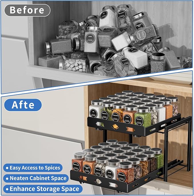 BOIVSHI Pull Out Spice Rack for Cabinet, 11.9''Wx10.8''Dx9.2''H | 2 Tier Kitchen Spice Shelf, Vertical Spice Organizer for Pantry, Height Adjustable, Individually Sliding Metal Shelves, Black - Image 4