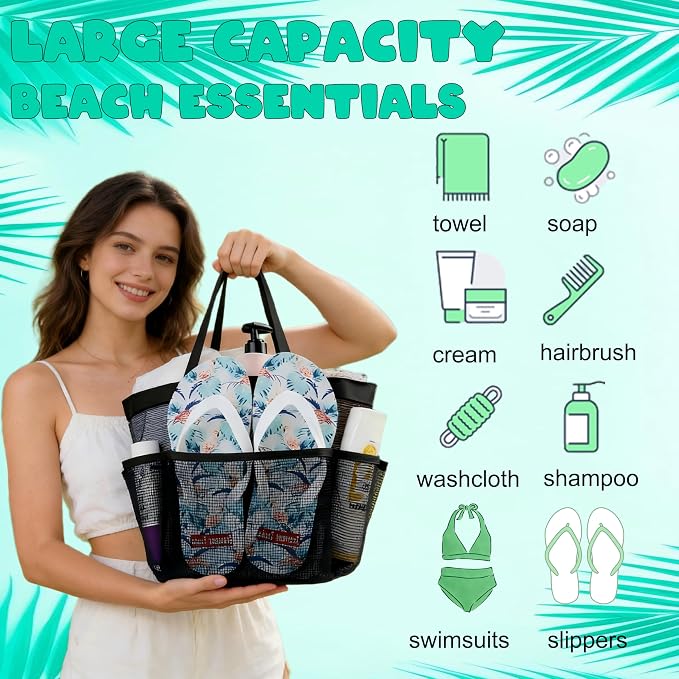 Mesh Shower Caddy Portable - 9 Pockets for College Dorm Room Essential | Large Capacity Mesh Shower Caddy with 9 Pockets, Portable Hanging Toiletry Bag for College Dorm, Gym, Camping and Beach - Image 2