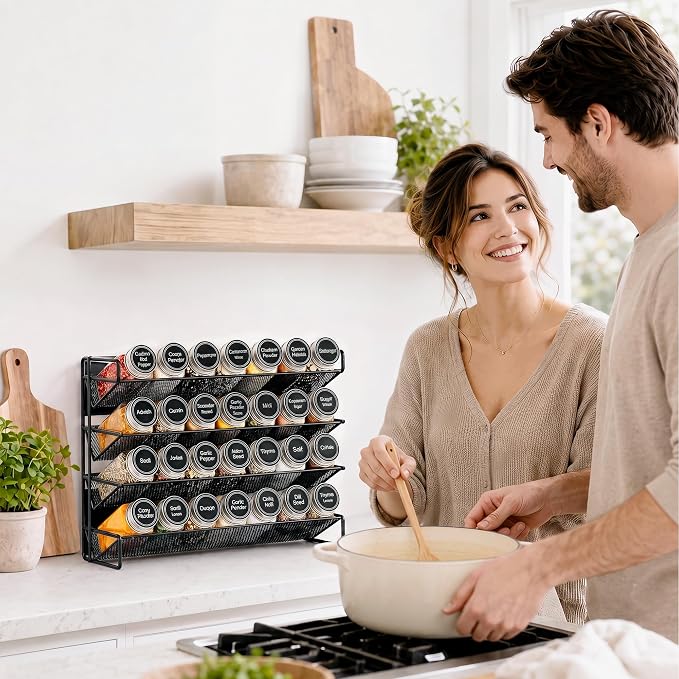 Spice Rack Organizer for Cabinet with 28 Spice Jars, 386 Spice Labels, Magnetic Spice Rack for Refrigerator, Seasoning Organizer for Countertop, Kitchen, Pantry, 13.2" W x 9.8" H, Black - Image 3