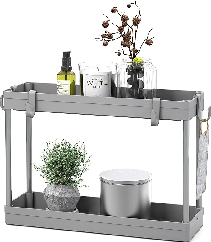 Simple Houseware 2-Tier Under Sink Organizer Storage Tray with Hooks, Grey - Image 6