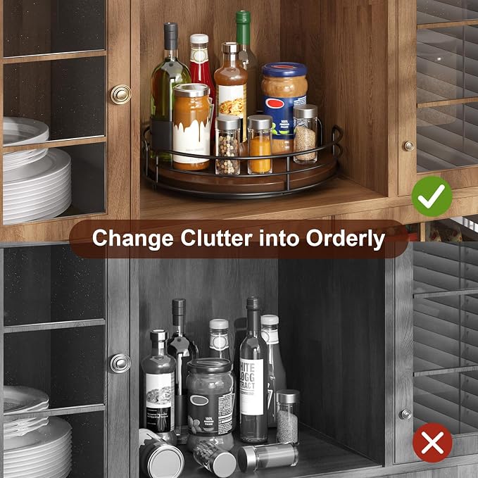 Optish 10" Elegant Lazy Susan, Non-Skid Turntable Spice Organizer, Wooden | 360° Smooth Rotation, Clear Design, Tall Raised Edge, Easy Access, Load 15 lbs, for Spices, Cabinet, Pantry, Fridge, kitchen - Image 5