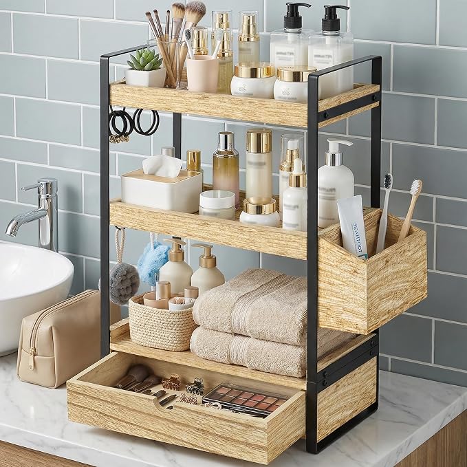 3-Tier Bathroom Counter Organizer with Drawer Basket and Hooks, Wood Bathroom Organizers and Storage for Countertop, Farmhouse Brown Countertop Organizer, Counter Shelf for Vanity, Kitchen,Office - Image 3
