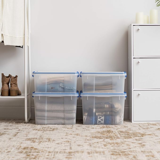 IRIS USA 4-Pack 26.5/44 Combo Qt Storage Bins with Gasket Lids, Clear/Blue | WeatherPro seal helps block dust and moisture Multiple sizes organize every room with confidence - Image 2