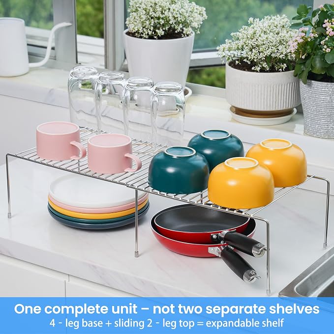 Tomorotec Spice Rack Cabinet Organizer, Expandable Steel, Kitchen, Silver | Stackable Two-Pack Storage Shelves with Anti-Slip Protective Rubber Feet for Pantry or Countertop - Image 3