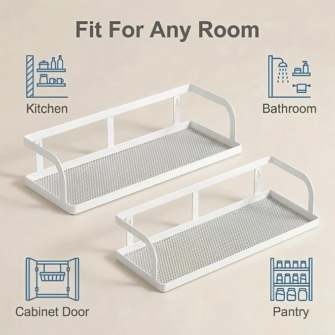 PUSDON 2-Pack 16.5" Extra Long Slim Hollowout Shower Caddy, Wall Mount Spice Rack & Bathroom Organizer, Mesh Bottom Cabinet Door Shelf Holds 50LBS - White, Hollowout - Image 6