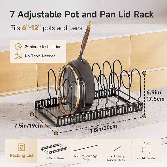 MUDEELA Pot Lid Organizer for Cabinet, Adjustable Baking Pan Rack 7 Slots | 7 Adjustable Divider, Tool-Free Assembly,Non-Slip, Scratch-Proof, Sturdy Metal Frame, For Pan Lid Cutting Board Bakeware - Image 2