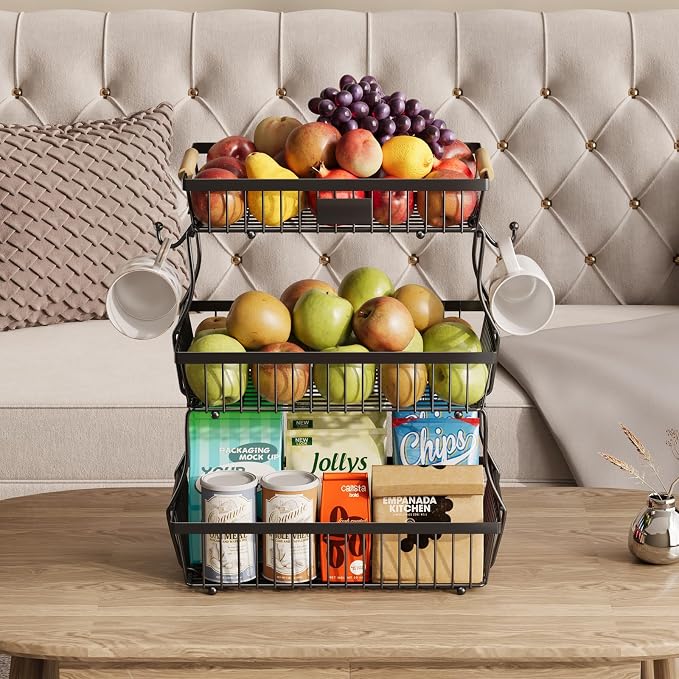 3 Tier Fruit Basket for Kitchen Counter with 2 Banana Hangers, Countertop Metal Fruit Bowl with Wooden Handle, Large Storage Stand for Vegetables, Snacks, Breads, Produce Storage – Black - Image 8