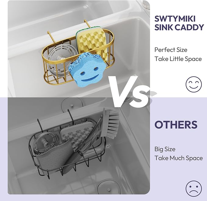 SWTYMIKI Sponge Holder for Kitchen Sink - Movable Sink Caddy with Smiley Face Sponge Holder, Rustproof Hanging Sponge Organizer in Double Bowl Sinks Depth>3.15in, Middle Divider<1.5in, Gold - Image 4