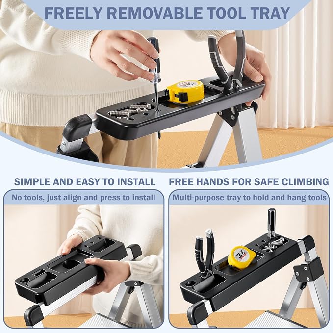 3 Step Ladder, Aluminum Folding Stool with Retractable Handgrip | 330 lbs Heavy Duty | 9.5lbs Lightweight | Removable Tool Tray | Non-Slip Pedals | Slim 2.5" Fold for Kitchen, Closet & Garage - Image 2