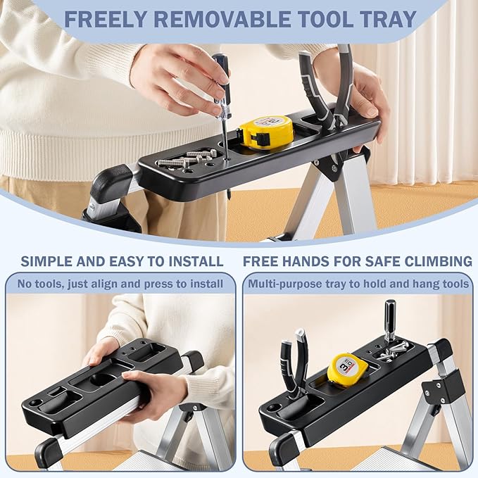 4 Step Ladder, Aluminum Folding Stool with Retractable Handgrip | 330 lbs Heavy Duty | Lightweight | Removable Tool Tray | Non-Slip Pedals | Slim Fold for Kitchen, Garage, Library & Closet - Image 2