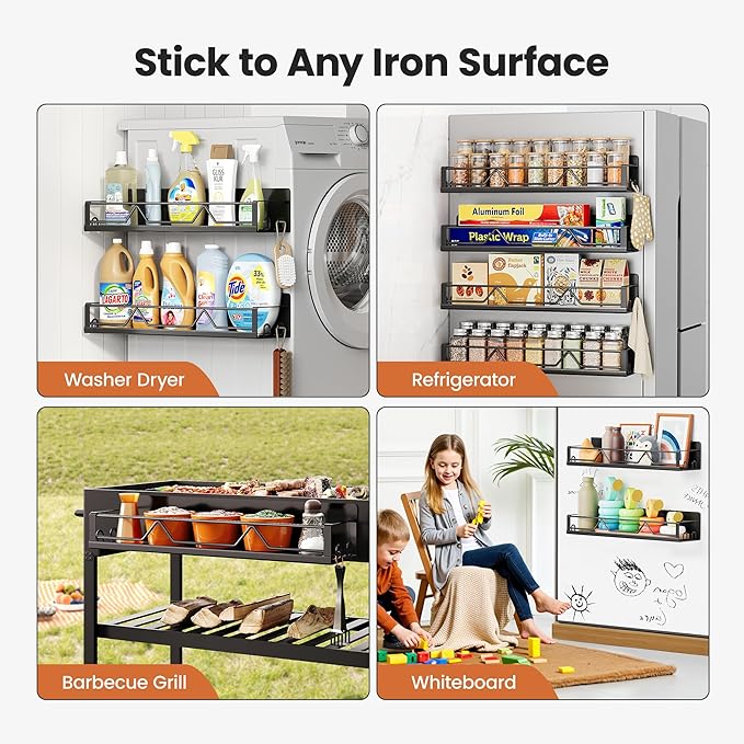 Mystozer 16.9 Inch Wide Large Capacity Magnetic Spice Rack for Refrigerator,4 Pack Metal Fridge Shelf Apartment Essentials Fridge Organizer Magnetic Storage Fridge Magnet Organizer(Black) - Image 6