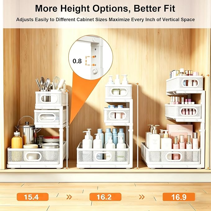 2 Pack Under Sink Organizer, 3-Tier Pull Out Kitchen Cabinet Organizer | 5 Adjustable Heights, Metal Slide Out Bathroom Storage, Makeup Drawer Rack for Bedroom Office Pantry Home Organization, White - Image 3