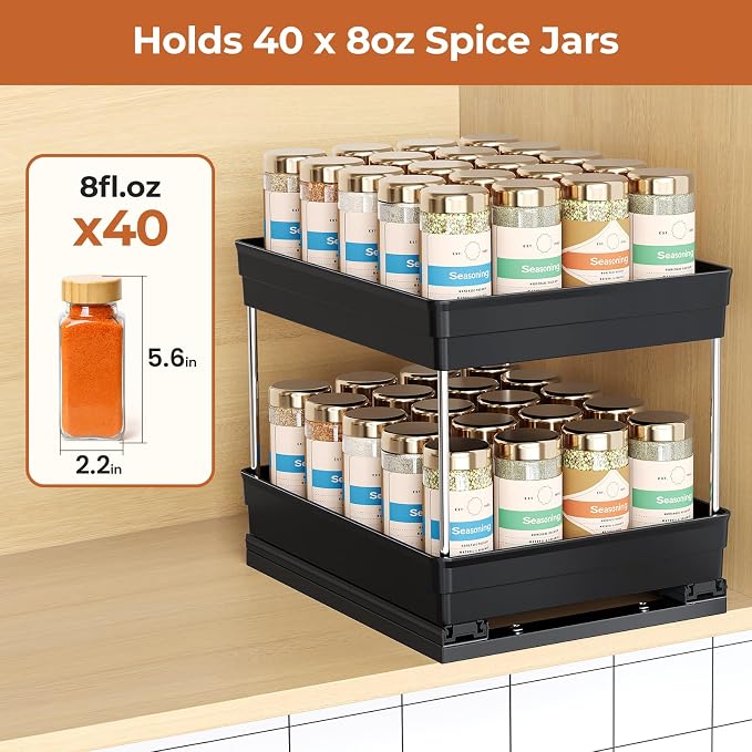 Mystozer Pull Out Spice Rack Organizer for Cabinet, Slide Out Spice Racks Organizer, Easy to Install Spice Cabinet Organizers, 8.26''Wx10.6''Dx8.7''H, 1 Pack-2 Tier(Black) - Image 3