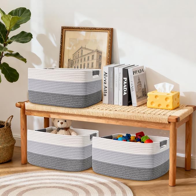 3 Pack Large Storage Basket for Organizing, 17.5"x13"x7" Woven Basket for Shelves, Closet Cube Storage Bins with Wrapped Handle, Cotton Rope Baskets for Kitchen, Clothes, Toys(Gradient Grey) - Image 6
