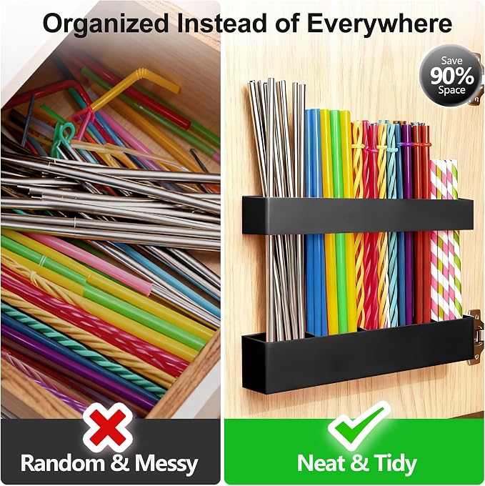9.5” Large Acrylic Straw Holder for Cabinet Door, Adjustable Two-Part | Reusable Straws Organizer with Ultra Sticky Adhesive Strips, 2026 Straw Storage for Kitchen Cupboard (Black) - Image 5