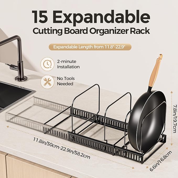 MUDEELA Expandable Cutting Board Organizer Pot Lids Rack 15 Dividers 2-Pack | Expandable Pots and Pans Organizer under Cabinet, 15 Adjustable Dividers, Fits Bakeware Cookie Sheet Baking Tray Muffin Tin - Image 2