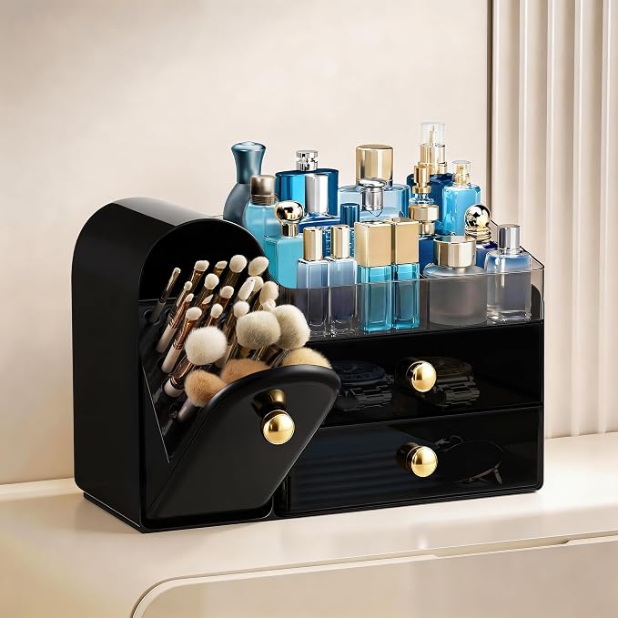 HBlife Makeup Organizer Countertop with Drawers, Cologne Organizer for Men, Vanity Organizers with Brush Holder, Bathroom Countertop Organizer Skin Care Storage, Gift for Dad Husband, Black and Gold - Image 2