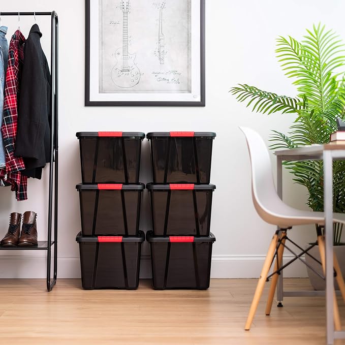 IRIS USA 6-Pack 40 Quart Storage Bins with Lids, Black | Black finish conceals stored items. Perfect for moving, blankets, clothing, and garage storage. Nestable design saves space - Image 3