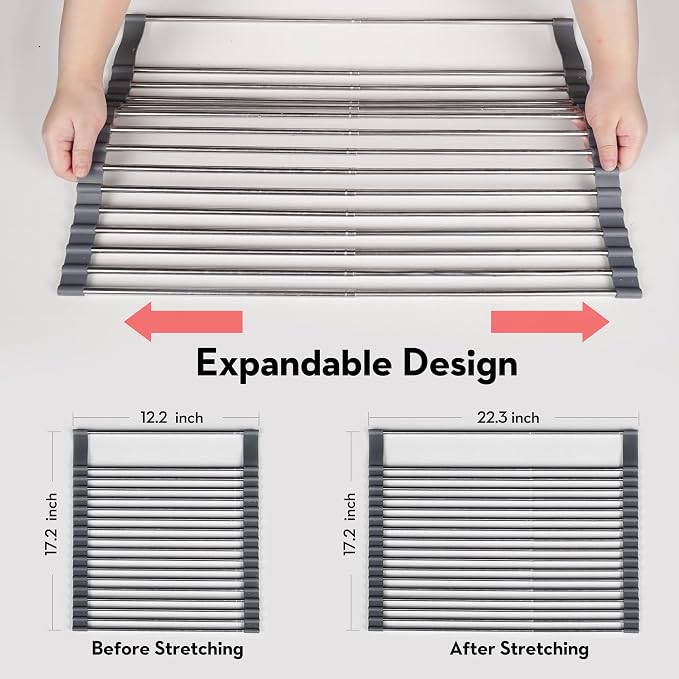 Roll Up Dish Drying Rack Over The Sink, 304 Stainless Stee Dish Drainer, Foldable & Adjustable Sink Drying Rack for Kitchen Sink Counter with Utensil Holder (Gray, Roll Up,Medium,Expandable) - Image 2